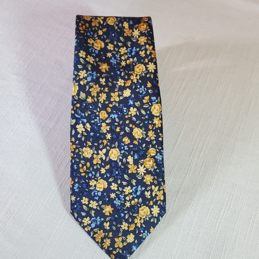 Pierre Cardin Mens Silk Neck Tie Blue Yellow Floral Print Pattern Designer